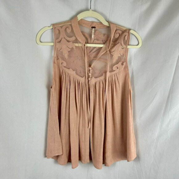 Free People Western Romance Mesh Applique Shirt Women Small Pink Flowy Lace - Picture 2 of 8